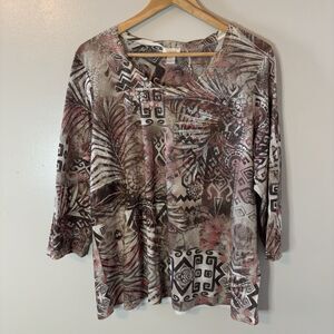 Chico’s Abstract 3/4 Sleeve Top Pink Brown Shirt Sequins Sz 3 XL